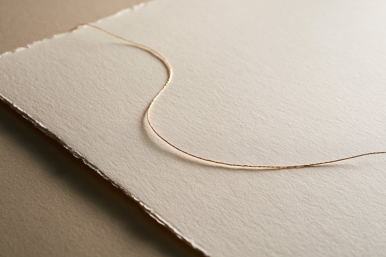 A single fine gold thread curving across a sheet of heavy cream paper with a deckled edge